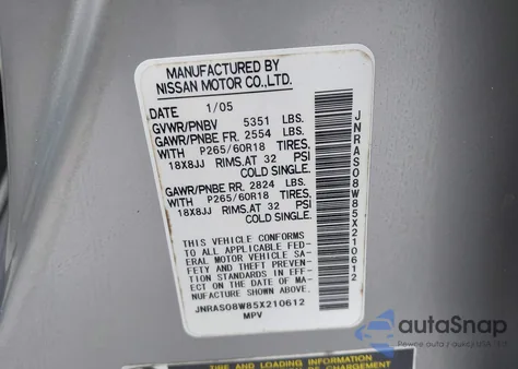 2005 Infiniti Fx35 from USA, damaged, VIN JNRAS08W85X210612